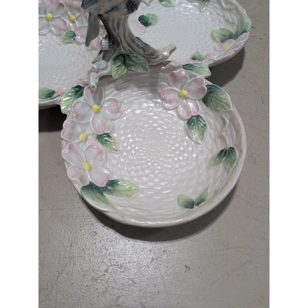 1990 Fitz & Floyd Bluebird Dogwood Flower Woven Design 3 Dish Serving Tray 12